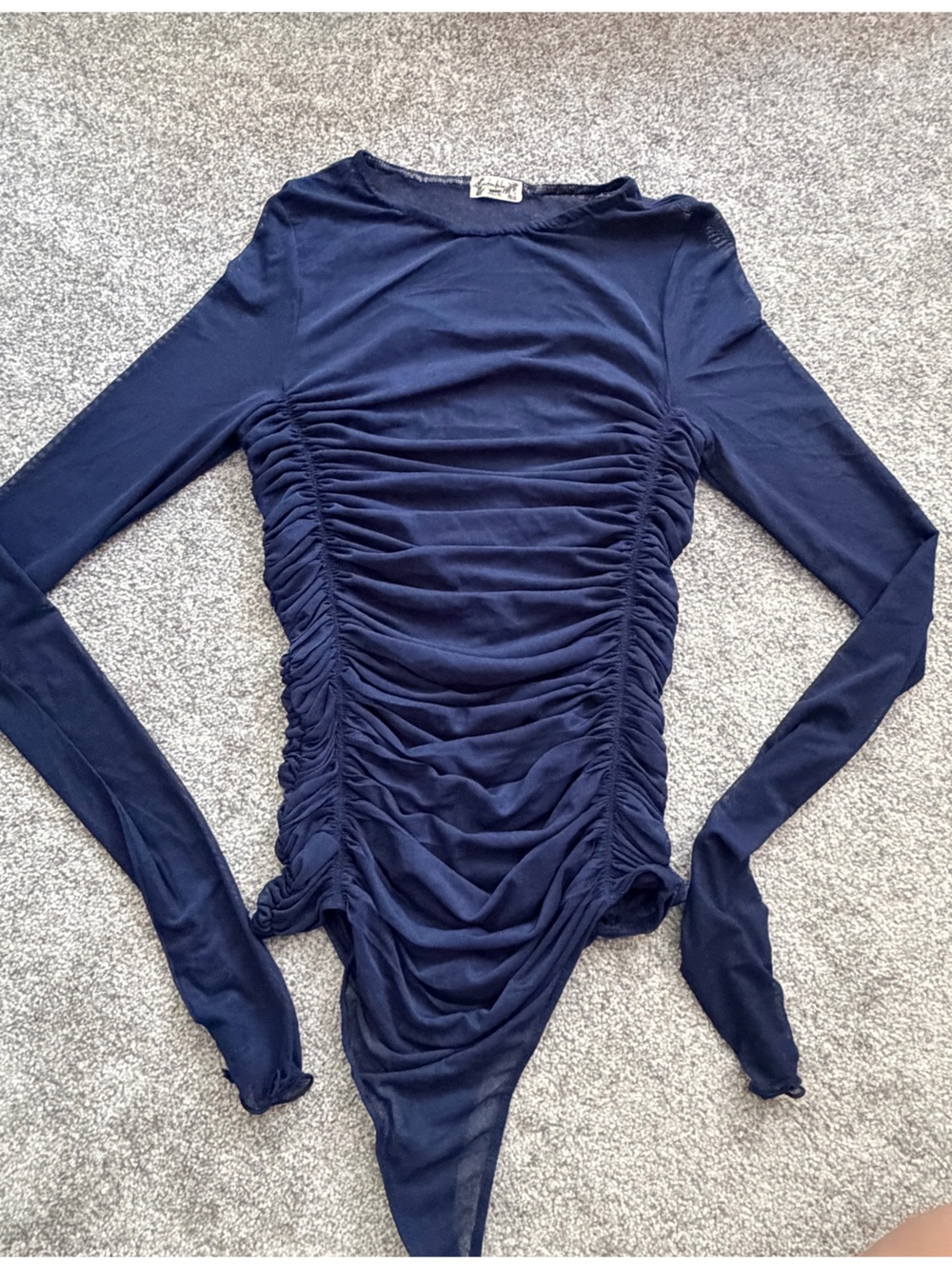 Free People Navy Blue Ruched Long Sleeve Bodysuit